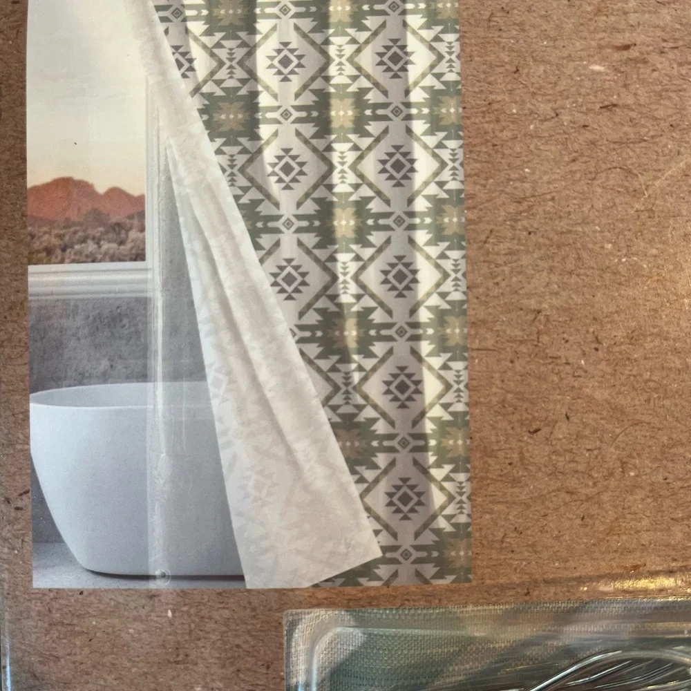 Wrangler Green, Tan, White Geometric Shower Curtain Set